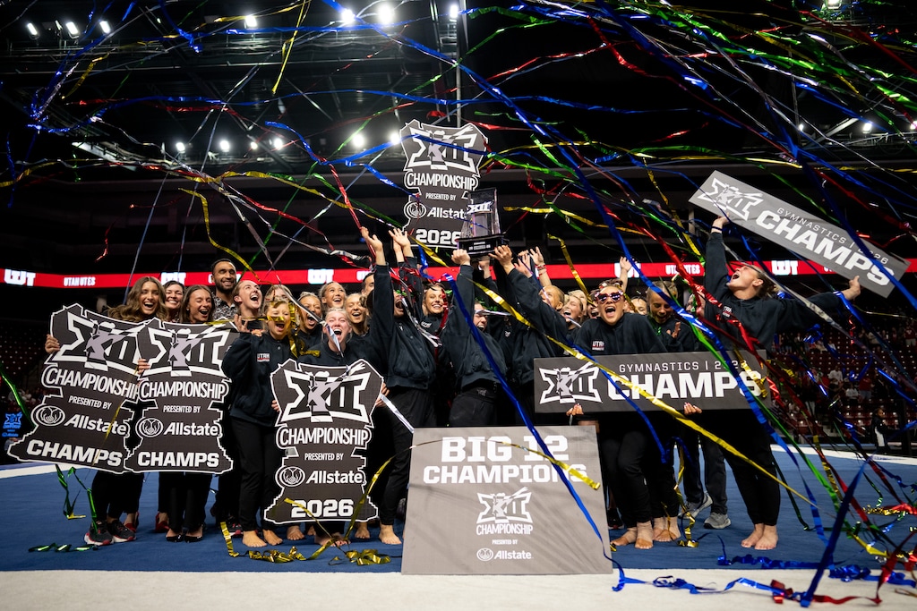 (Trent Nelson  |  The Salt Lake Tribune) Utah celebrates its win at the Big 12 Gymnastics Championship at the Maverik Center in West Valley City on Saturday, March 21, 2026.
