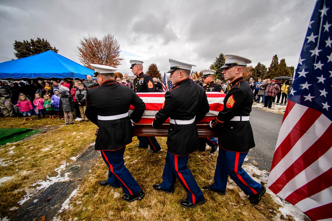 (Trent Nelson  |  The Salt Lake Tribune)
Marines carry the remains of Marine Pfc. Robert J. Hatch at the Bountiful City Cemetery on Saturday, Dec. 14, 2019. Hatch was killed in action Nov. 22, 1943 on the island of Betio.