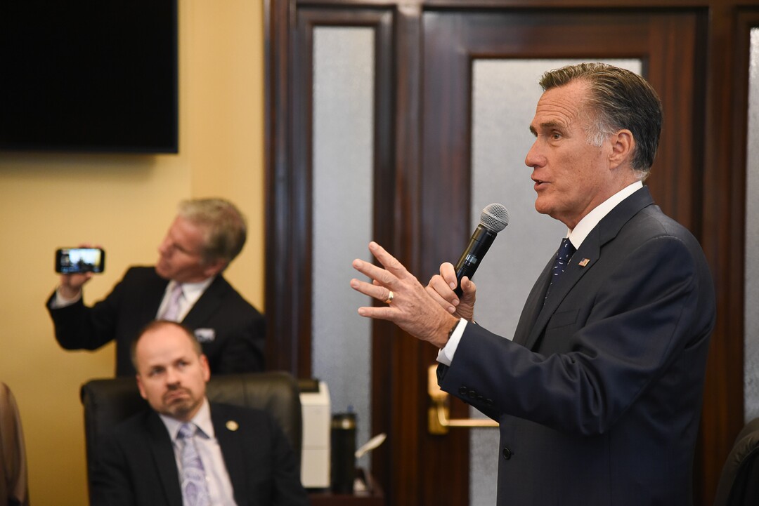 (Francisco Kjolseth  |  The Salt Lake Tribune)  Sen. Mitt Romney meets state lawmakers at the Utah Capitol as he speaks with members of the Republican House Caucus during a series of meetings on Thursday, Feb. 21, 2019.