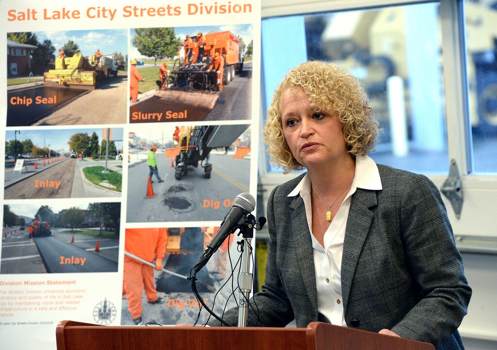 (Al Hartmann | The Salt Lake Tribune)
Mayor Jackie Biskupski outlines next year's city budget at a press conference in Salt Lake City Monday April 30. She requested more money for more more street repairs and maintenance and more police officers on the street.