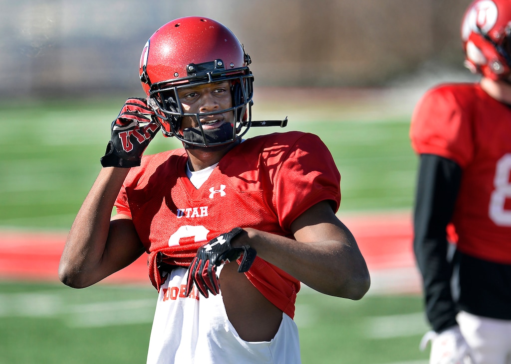 In this Saturday, March 10, 2018 photo, Utah's Bronson Boyd adjusts his helmet during spring NCAA college football practice in Salt Lake City. The redshirt junior cornerback entered his name in the NCAA Transfer Portal on Monday, Nov. 2, 2020. (Scott Sommerdorf/The Salt Lake Tribune, via AP)