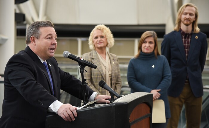 (Francisco Kjolseth  |  The Salt Lake Tribune) Baldomero Lago, Chief International Officer, Utah Valley University, makes a few remarks alongside Salt Lake City Mayor Jackie Biskupski, Salt Lake County Mayor Jenny Wilson and Mitch Dumke, Co-Chair, UN Civil Society Conference Youth Committee, as they help reveal and dedicate a new mural on Monday, Dec. 30, 2019, placed at the Salt Palace to commemorate the 68thÊUnited Nations Civil Society Conference which took place in Salt Lake City in August. The mural was created by Tooele based Digital Gravy which specializes in 2D design-based animation.
