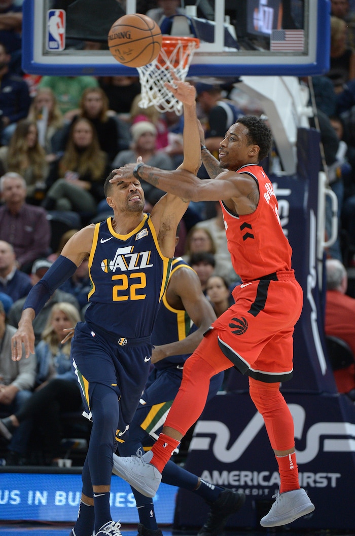 (Leah Hogsten  |  The Salt Lake Tribune) Utah Jazz forward Thabo Sefolosha (22) knocks the ball from Toronto Raptors guard DeMar DeRozan (10). The Utah Jazz lead the Toronto Raptors 54-53 at Vivint Smart Home Arena, Friday, November 3, 2017