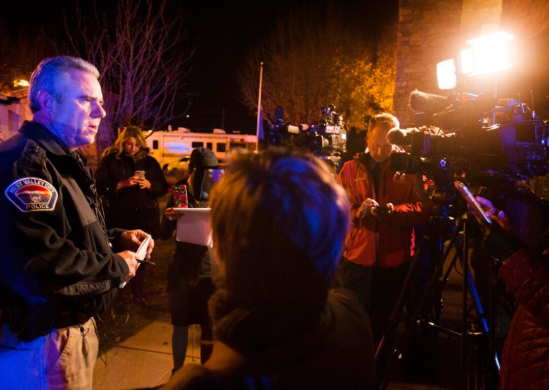 (Rick Egan  |  The Salt Lake Tribune)  Matt Elson, West Valley Police, talks to the media about the West Valley Police officer that was shot at the Village at Rivers Edge apartment complex in West Valley, City, Tuesday, November 7, 2017.