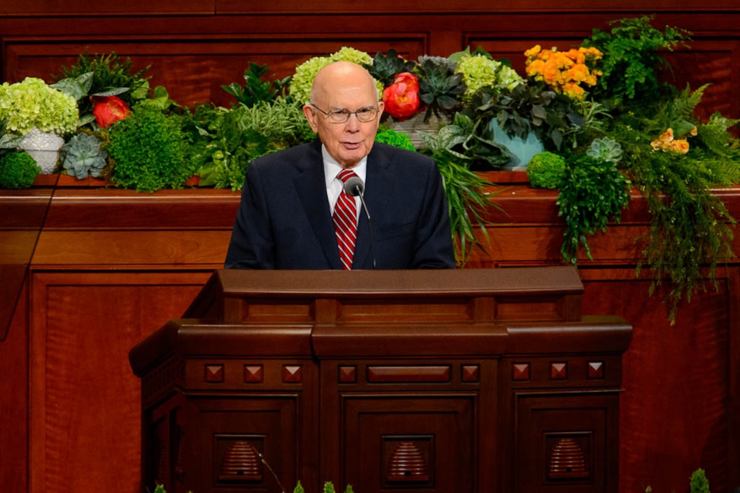 (Trent Nelson  |  The Salt Lake Tribune)  President Dallin H. Oaks speaks during the morning session of the189th Annual General Conference of The Church of Jesus Christ of Latter-day Saints in Salt Lake City on Sunday April 7, 2019.