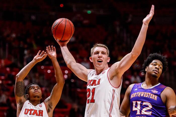 (Trent Nelson | The Salt Lake Tribune)  Utah Utes forward Tyler Rawson (21) protests a foul call in the second half as the University of Utah hosts Northwestern State, NCAA basketball in Salt Lake City, Wednesday December 20, 2017.