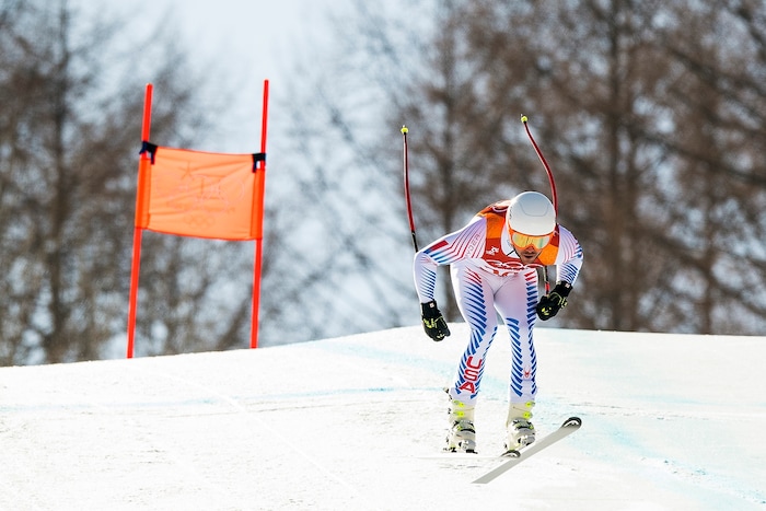(Chris Detrick  |  The Salt Lake Tribune)  USA's Jared Goldberg competes in the Men's Alpine Combined at Jeongseon Alpine Centre during the Pyeongchang 2018 Winter Olympics Tuesday, February 13, 2018.  Goldberg finished the downhill section in 9th place with a time of 1:20.02.