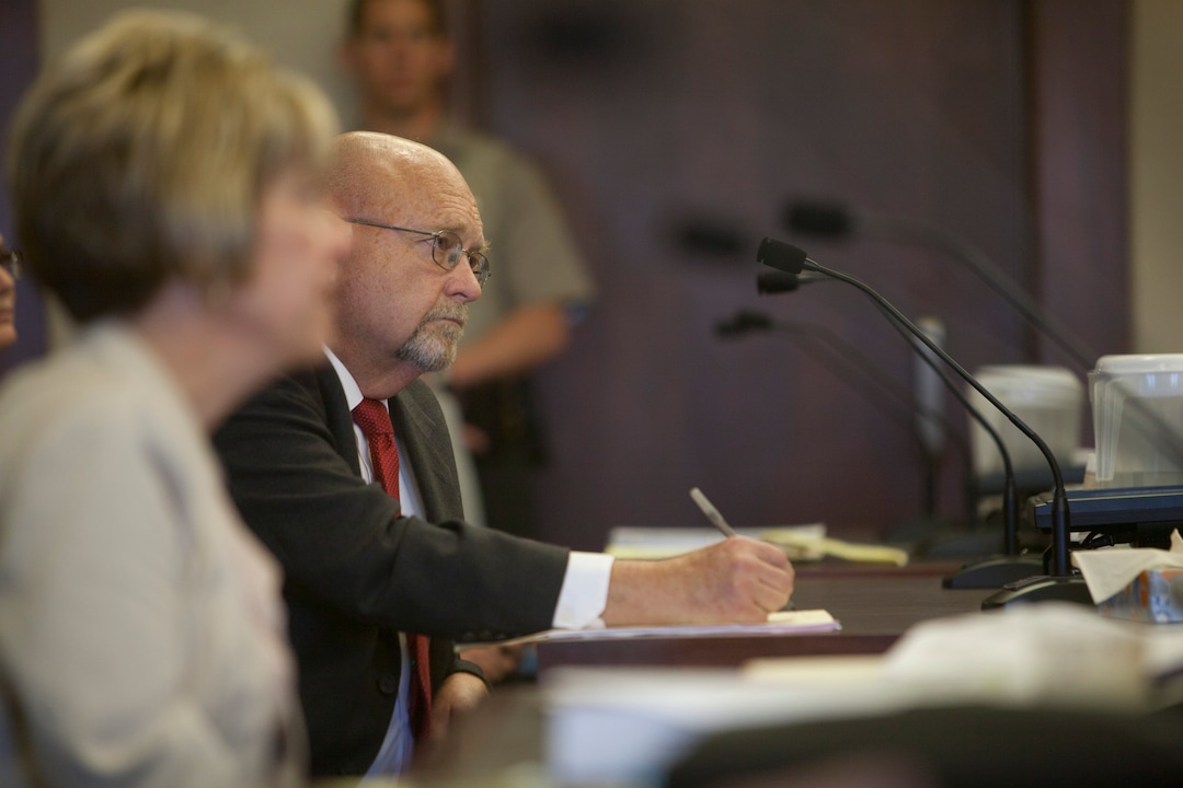 (Chris Caldwell  |  Pool Photo)  Defense lawyer Stephen Harris during the detention hearing and the initial appearance for the 16-year-old boy accused of bringing a bomb to Pine View High School. Wednesday, March 28, 2018.