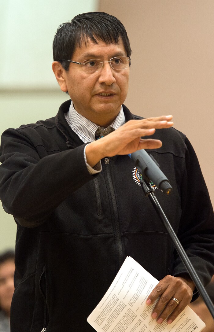 (Leah Hogsten  |  The Salt Lake Tribune)  "We want our share of representation," said Navajo Nation Vice President Jonathan Nez to U. S. District Judge Robert Shelby.  "It is the 21st century and we still have discrimination."  San Juan County residents were presented with proposals of the newly redrawn county commission and school board districts during hearings in Monticello and Bluff, November 16, 2017. The redistricting proposals would redraw voting districts to ensure significant American Indian majorities in two of three County Commission districts and on four of five school board voting districts as the result of a January 2012 lawsuit filed in U.S. District Court by the Navajo Nation. The lawsuit seeks the redrawing of voting districts to reflect the 2010 U.S. Census. Last year, U. S. District Court Judge Robert Shelby ruled the voting districts in the sprawling southeastern Utah county, which today is home to 16,895 residents, are unconstitutional and violate the rights of American Indians. He ordered the county to redraw them.
