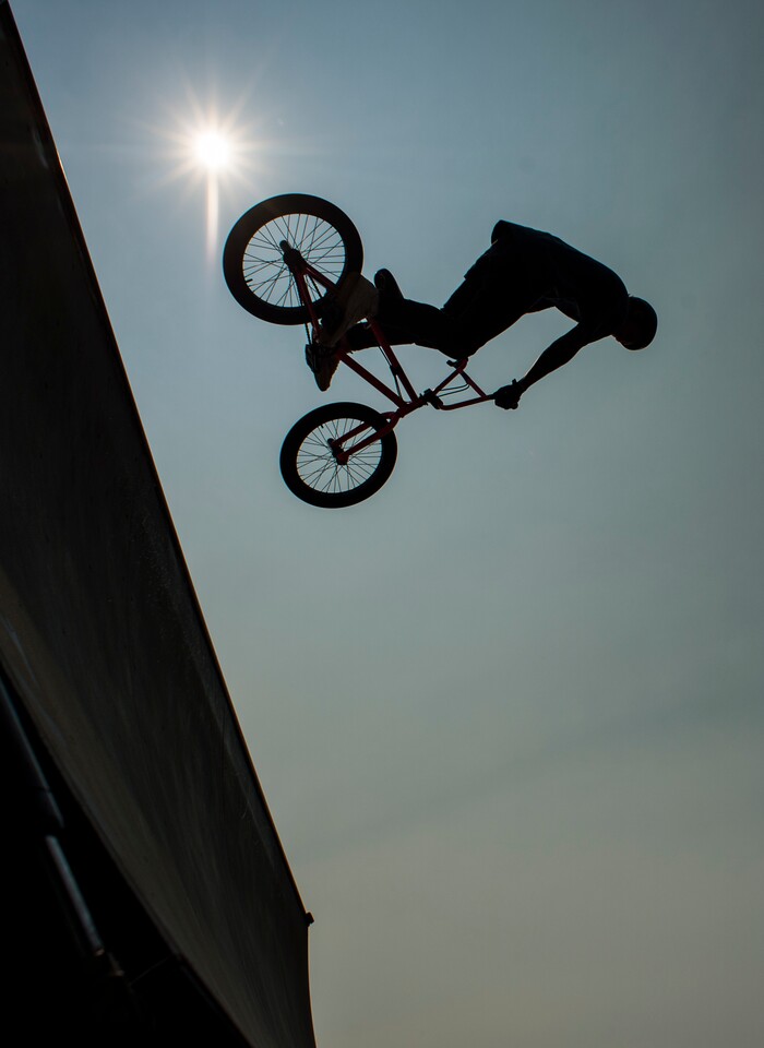 (Rick Egan  |  The Salt Lake Tribune)    Jack Fahey gets some air on the half pipe, during the BMX Stunt Show, at the Davis County Fair in Farmington, Saturday, Aug. 18, 2018.