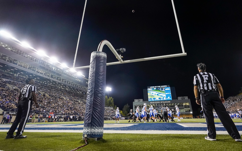 (Leah Hogsten | The Salt Lake Tribune) Utah State Aggies Conner Coles with a field goal as the Utah State Aggies host Brigham Young University Cougars at Maverik Stadium Oct. 1, 2021. 