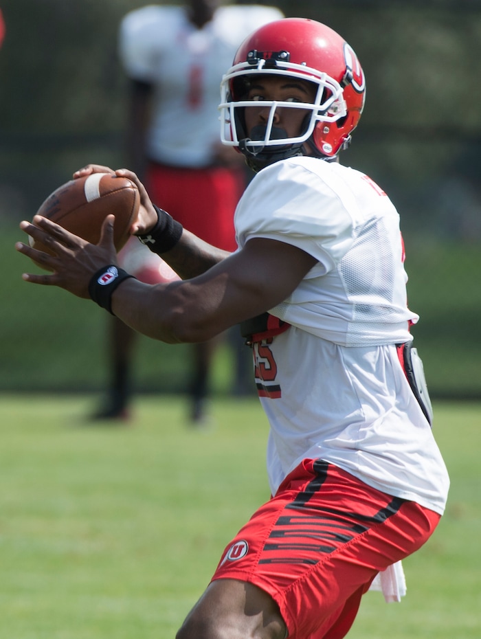 (Rick Egan  |  The Salt Lake Tribune)

Utah quarterback Troy Williams throws a pass during practice, Monday, August 7, 2017.


