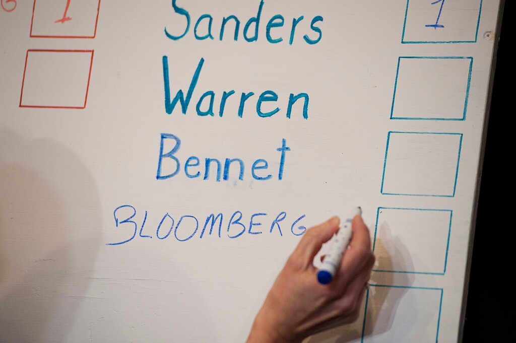(Paul Hayes | Caledonian-Record via AP) The name of Democratic candidate and former New York Mayor Michael Bloomberg is written on the tote board, early Tuesday, Feb. 11, 2020, in the nation's first presidential primary, in Dixville Notch, N.H. Bloomberg received three of the five votes cast during the midnight vote.