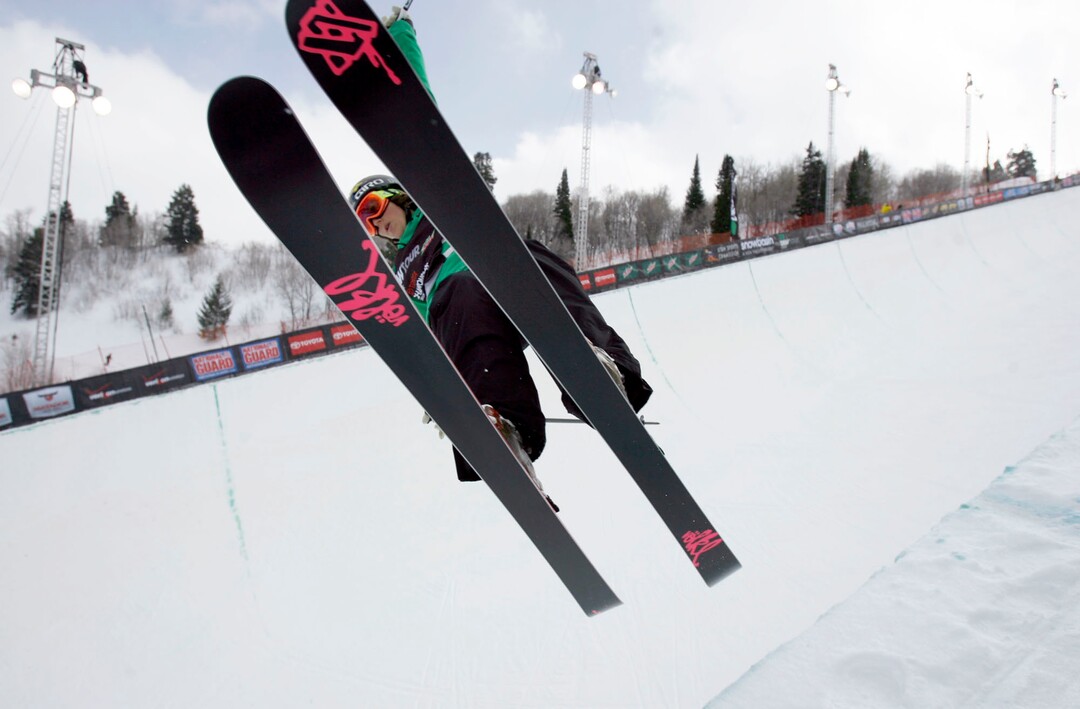 (Francisco Kjolseth  |  The Salt Lake Tribune)  Freestyle skier Jen Hudak of Salt Lake City takes to the 22-foot deep superpipe at Snow Basin for a practice run as part of the The Dew Tour at Snow Basin Mountain Resort on Thursday, February 10, 2011.
