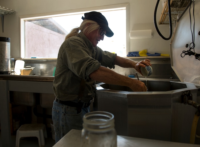 (Leah Hogsten  |  The Salt Lake Tribune) Mesa Farm owner Randy Ramsley adds rennet, a thickening agent to a 12-gallon batch of heated goats milk in a pasteurizer vat while making raw tomme or semi-hard alpine cheese. Ramsley sells a variety of goats milk cheeses and yogurt at his farm's storefront on Highway 24, east of Capitol Reef and at Tony Caputo's in Salt Lake City. 