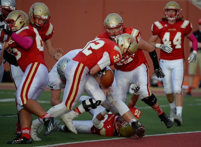 (Francisco Kjolseth  |  The Salt Lake Tribune)  Judge Quarterback Parker Edgington is unable to regain full control of the ball at the end zone but the call goes his way for a touchdown against Manti in the Class 3A football playoff game on Thursday, Oct. 19, 2017. 