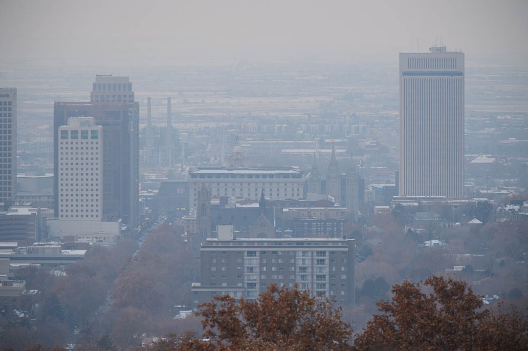 (Trent Nelson | The Salt Lake Tribune)  The Salt Lake City skyline on a hazy day, Thursday Dec. 6, 2018.