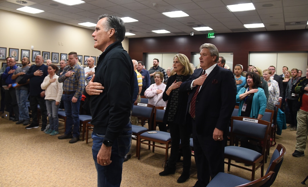 (Francisco Kjolseth  |  The Salt Lake Tribune)  U.S. Senator Mitt Romney does the pledge of allegiance prior to his town hall meeting at the Davis County administration building, Tuesday, January 22, 2019, to hear from local residents.