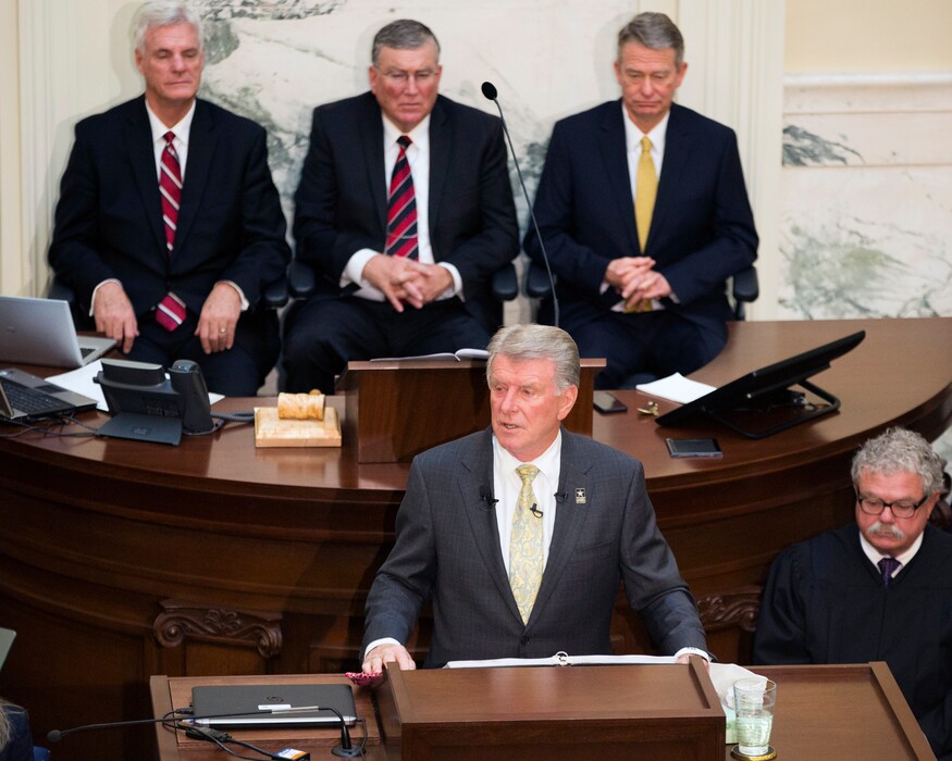 (Otto Kitsinger | Associated Press file photo)Idaho Gov. C.L. "Butch" Otter delivers his State of the State address inside the house chambers at the state Capitol, Monday, Jan. 8, 2018, in Boise. Behind Otter, from left to right, are: Senate President Pro Tem Brent Hill, R-Rexburg; Speaker of the House Scott Bedke, R-Oakley; and Lt. Gov. Brad Little. Legislative leaders announced Wednesday that Otter might call a special legislative session to address a water battle that has been building in southwestern Idaho.