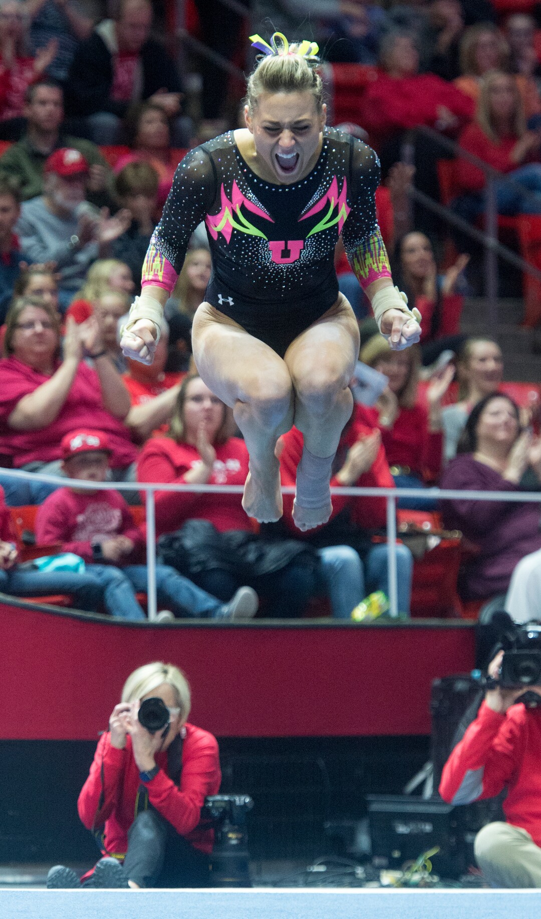 (Rick Egan  |  The Salt Lake Tribune)   Tiffani Lewis reacts after her floor routine for Utah, in Gymnastics action Utah vs. Oregon State at the Jon M. Huntsman Center, Friday, January 19, 2018.