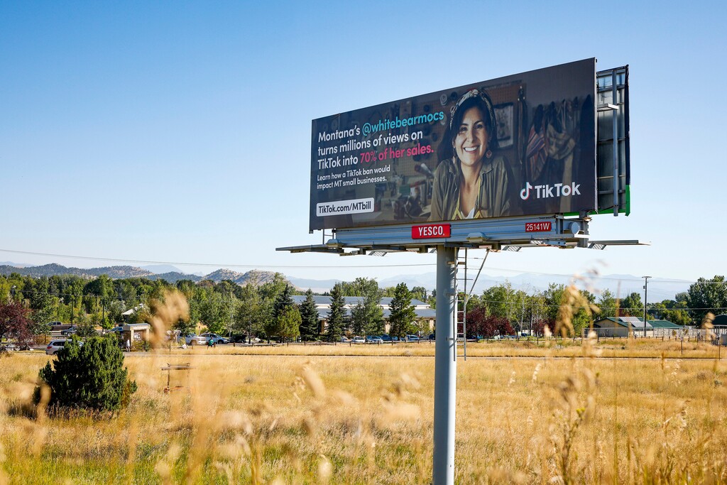 (Tailyr Irvine | The New York Times) A billboard in Helena, Mont., on Aug. 15, 2023. A federal judge in Montana on Thursday, Nov. 30, blocked a statewide ban of TikTok from taking effect next year, at least temporarily preventing the nationÕs first such prohibition on the popular video app.