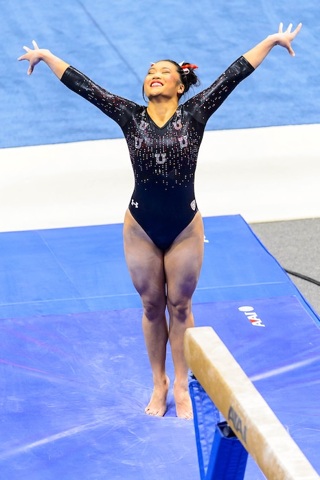 Trent Nelson  |  The Salt Lake TribuneUtah's Kari Lee on the beam as the University of Utah Utes host Stanford, college gymnastics at the Huntsman Center in Salt Lake City, Saturday February 21, 2015.