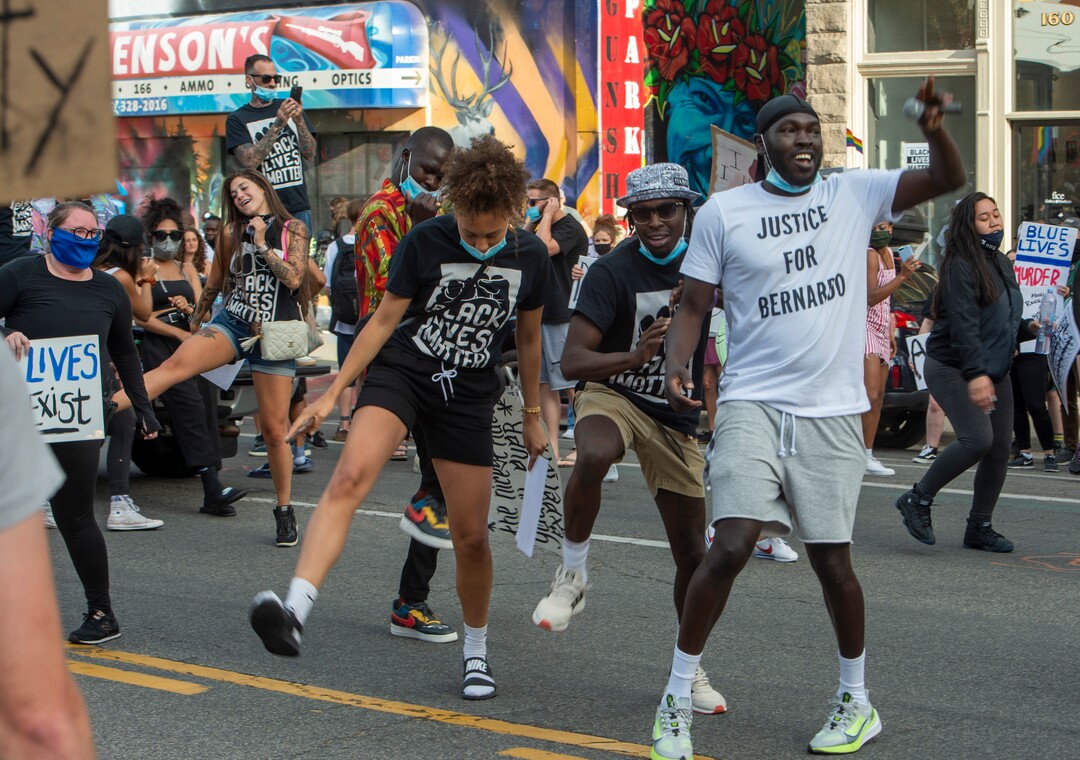 (Rick Egan  |  The Salt Lake Tribune)     Protesters dance in the streets of Salt Lake City, Saturday afternoon during a march for racial justice, on Saturday, June 20, 2020.