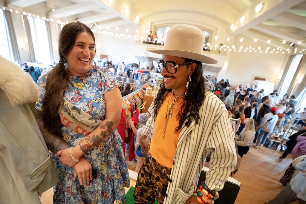 (Francisco Kjolseth | The Salt Lake Tribune) Jacqueline Whitmore, owner of Copperhive Vintage, and Abraham Von August, owner of Trashpaca, are working to make fashion friendlier to plus-size and gender-diverse people. They were photographed together at the Secondhand Market at The Clubhouse in Salt Lake City on Saturday, Sept. 11, 2021.