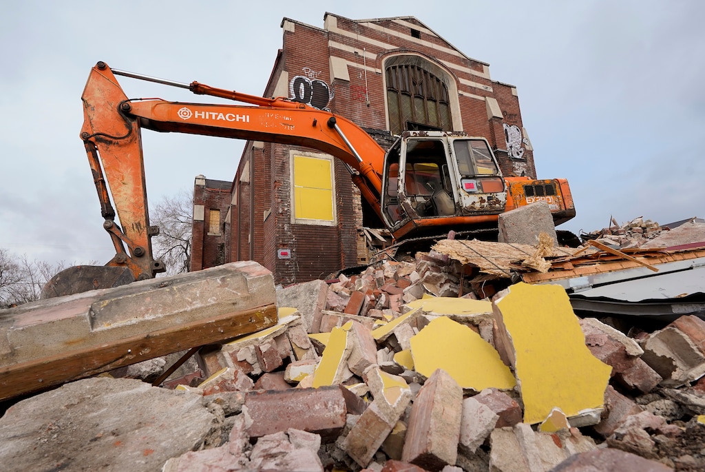 (Chris Samuels | The Salt Lake Tribune) The remains of the Fifth Ward meetinghouse on 300 West in Salt Lake City, Monday, April 1, 2024. On Sunday, March 31, the historic building underwent an unauthorized demolition, which was halted by Salt Lake City officials.