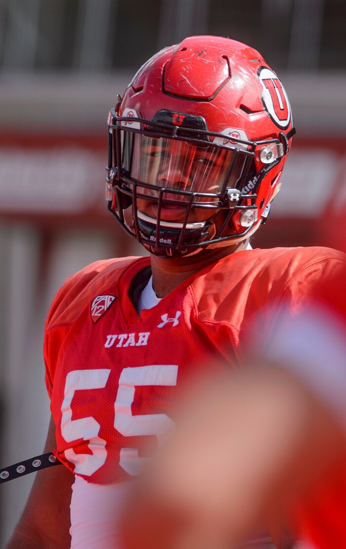 (Steve Griffin  |  The Salt Lake Tribune) Utah offensive lineman Nick Ford during the University of Utah football team's first scrimmage at Rice-Eccles Stadium in Salt Lake City Friday March 30, 2018.
