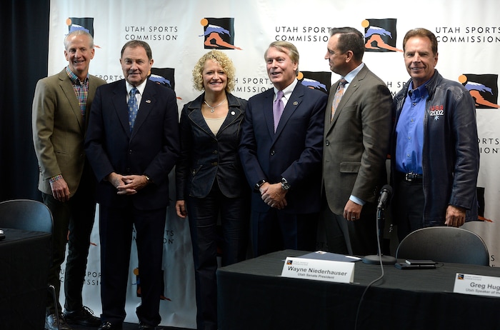 (Scott Sommerdorf | The Salt Lake Tribune)
The members of the newly-announced Olympic/Paralympic Exploratory Committee (OEC) pose for a group photo after they outlined their reasons for exploring the possibility of hosting a future Olympic Winter Games, Thursday, October 19, 2017.
From left to right:
Senate President Wayne Niederhauser
Governor Gary R. Herbert
Mayor Jackie Biskupski
President and CEO of Utah Sports Commission Jeff Robbins
Speaker Greg Hughes
Former Salt Lake Organizing Committee COO Fraser Bullock