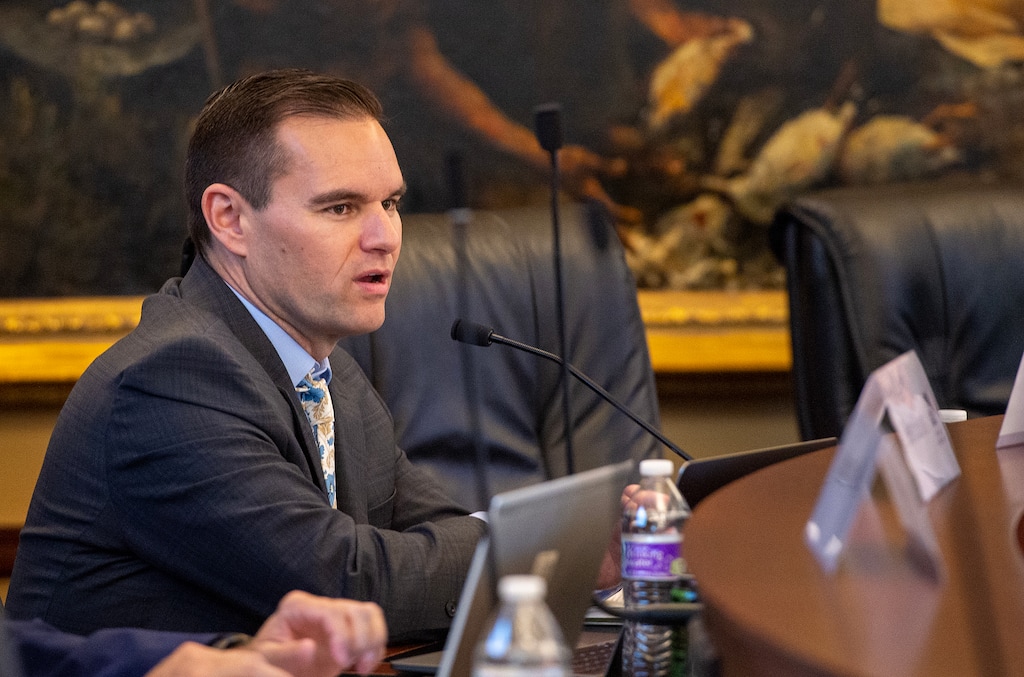 (Chris Samuels | The Salt Lake Tribune) Utah Inland Port Authority executive director Ben Hart gives a presentation during an authority board meeting at the State Capitol, Thursday, May 11, 2023. Hart said the authority's project in Juab County will be an "economic multiplier across generations."