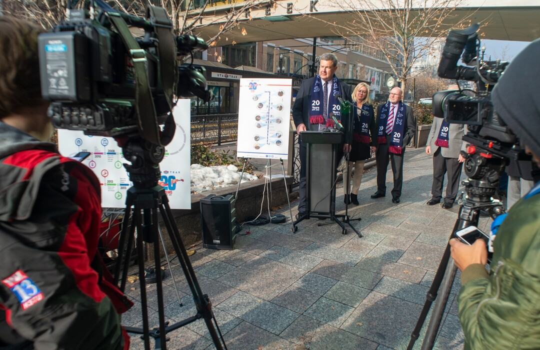 (Rick Egan  |  The Salt Lake Tribune)      Carlton Christensen speaks as officials celebrate the 20th anniversary of TRAX trains during a news conference at the City Creek Trax stop on Main Street in Salt Lake City, Wednesday, Dec. 4, 2019.