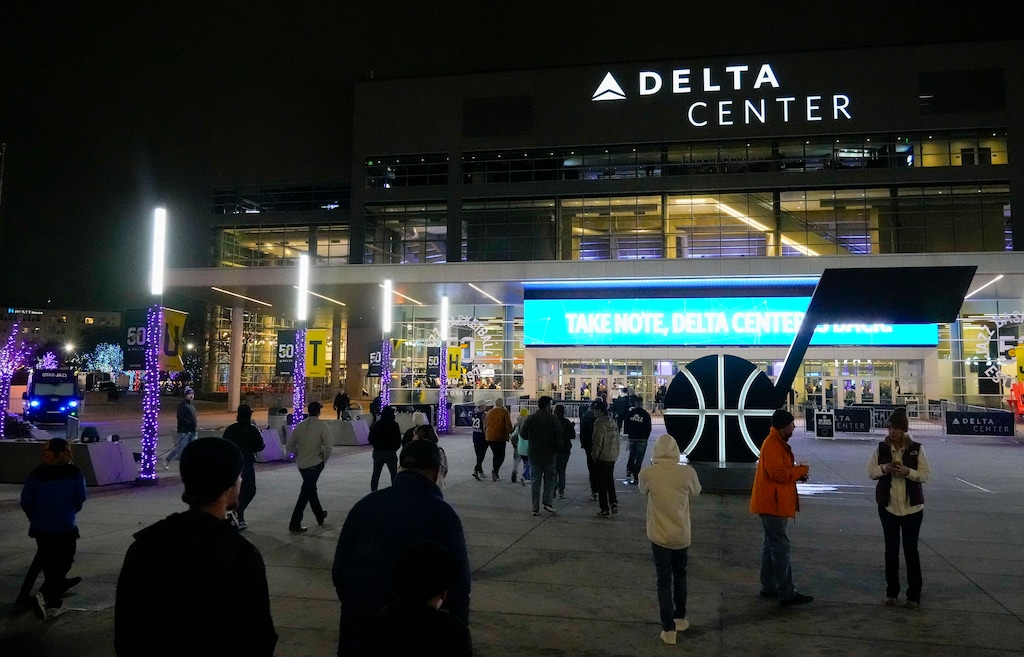 (Bethany Baker  |  The Salt Lake Tribune) Utah Jazz fans arrive at the Delta Center ahead of the game in Salt Lake City on Friday, Dec. 8, 2023.