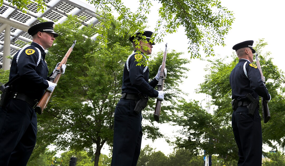 (Leah Hogsten  |  The Salt Lake Tribune)  In honor of Police Week, the Salt Lake City Police Department honored its fallen officers with a memorial service and a 21-gun salute at the Public Safety Building, Thursday, May16, 2019.