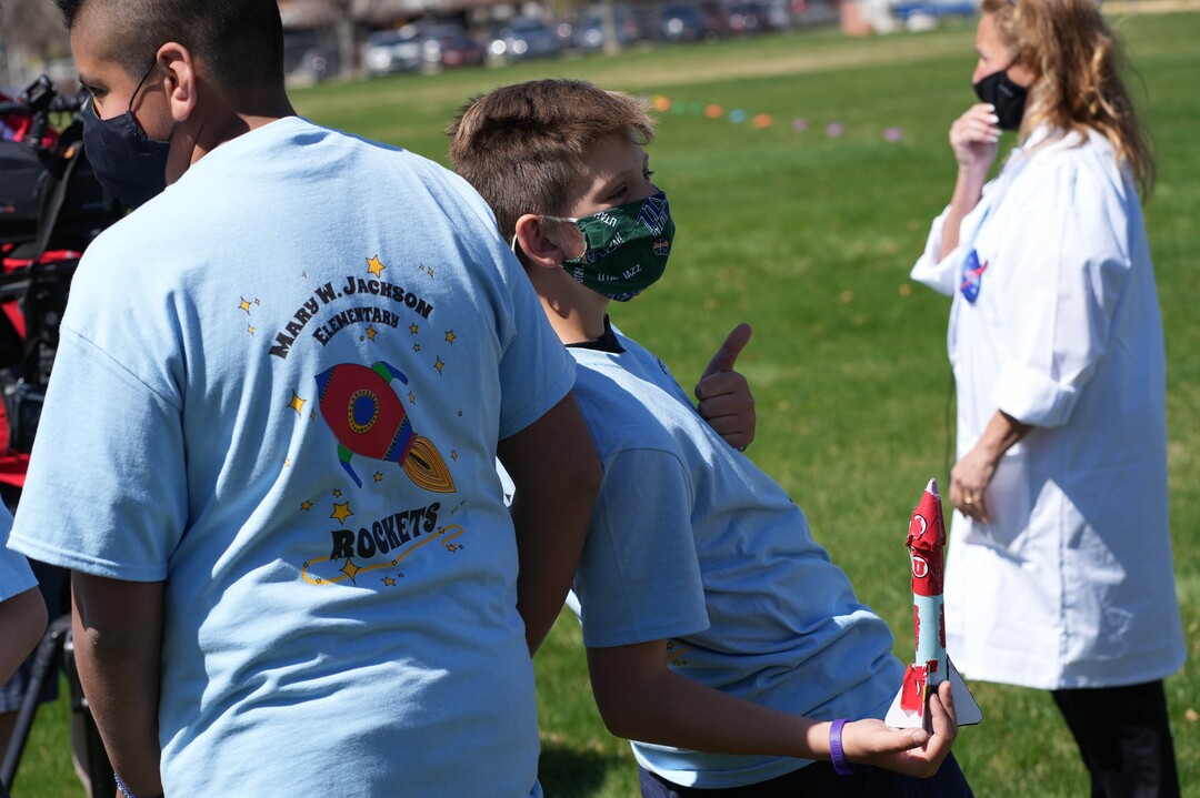 (Francisco Kjolseth  | The Salt Lake Tribune) Mary W. Jackson Elementary students commemorate their school’s namesake’s 100th birthday on Friday, April 9, 2021, with a special science lesson, including the mechanics of rocket building as they launched their creations into the air. Salt Lake City’s oldest elementary school was renamed in 2018 in honor of the the first African American female engineer at NASA, with students recently voting to change their mascot to “The Rockets.”