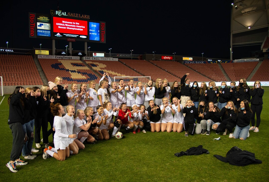 (Francisco Kjolseth  |  The Salt Lake Tribune) Olympus celebrates their win over Bonneville in overtime following their 5A high school girls championship game at Rio Tinto Stadium in Sandy on Friday, Oct. 23, 2020. Bonneville won 1-0 in overtime.