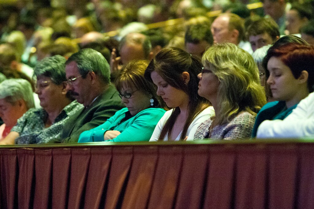 (Chris Detrick  |  The Salt Lake Tribune)
People listen as Jean A. Stevens prays during the morning session of the 183rd Annual General Conference of The Church of Jesus Christ of Latter-day Saints Saturday April 6, 2013. For the first time ever, a Mormon woman offered a public prayer in the LDS Church's General Conference before millions of viewers. Stevens is the first counselor in the LDS Church's Primary presidency, which oversees instruction of children under age 12 in the worldwide faith.