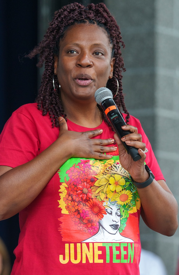 (Leah Hogsten | The Salt Lake Tribune) Rep. Sandra Hollins, D-Salt Lake City, sponsored UtahÕs bill making Juneteenth a state holiday this year, which was signed by Gov. Spencer Cox on March 22. Hollins speaks to the crowd at the Utah Juneteenth Celebration at the Ogden City Amphitheater, Saturday, June 18, 2022. 