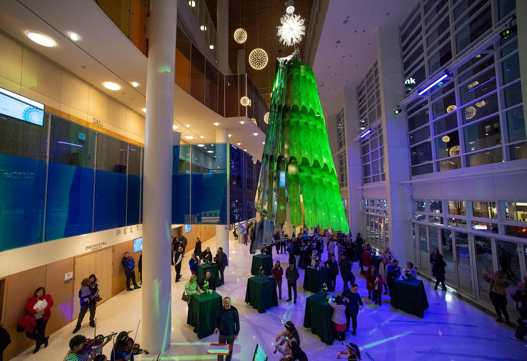 (Rick Egan  |  The Salt Lake Tribune) Eccles Theater unveils its annual Holiday Tree art installation, Monday, Dec. 2, 2019. The title is "Winter Wind," created by Rob Beishline & Shelley Beishline of Tooza Design. The work features 75 snowboards.