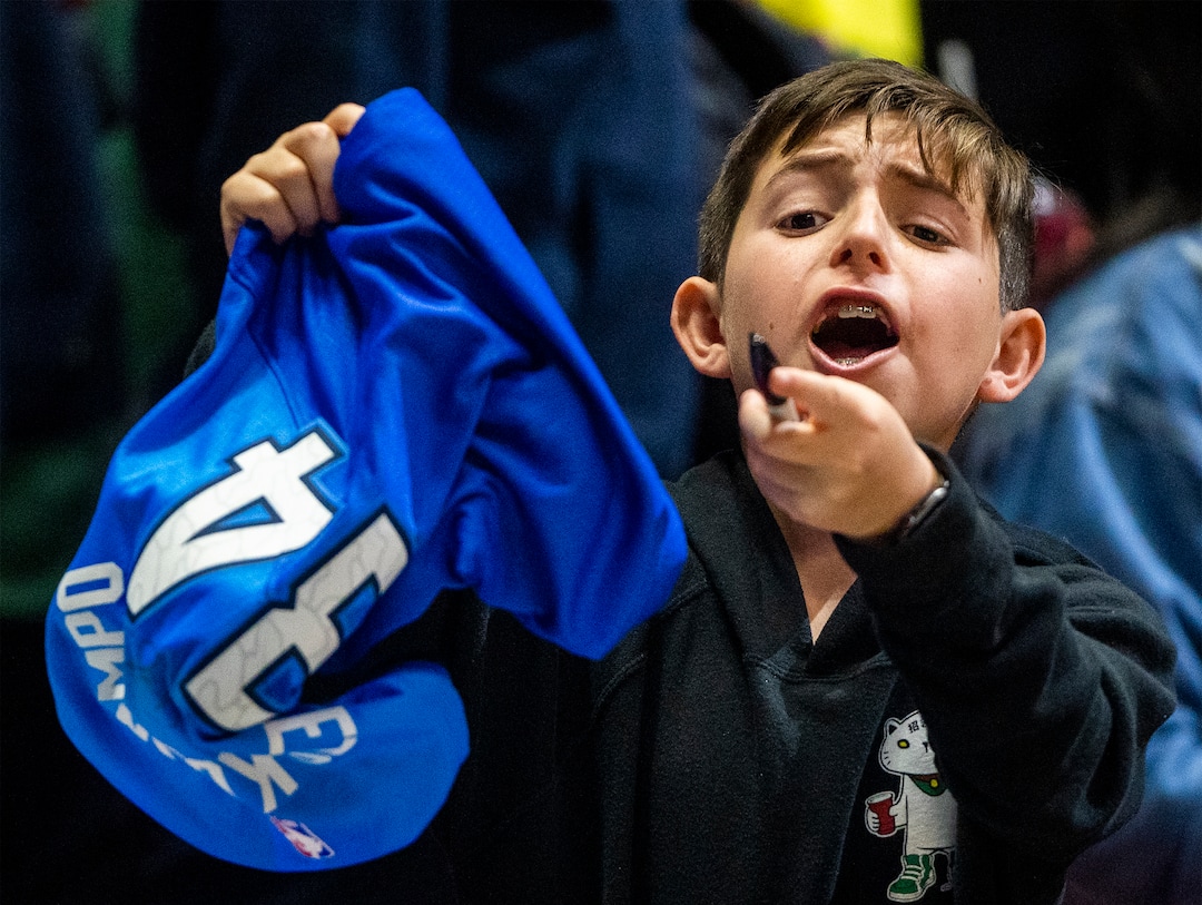 (Rick Egan | The Salt Lake Tribune) A fan hollers at Giannis Antetokounmpo, during the All-Star Practice at the Jon M. Huntsman Center, on Saturday, Feb. 18, 2023.