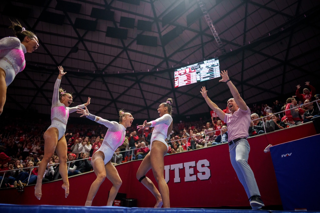 (Trent Nelson  |  The Salt Lake Tribune) Jaedyn Rucker celebrates a 10 on the vault as Utah hosts California, NCAA gymnastics in Salt Lake City on Friday, Feb. 24, 2023.