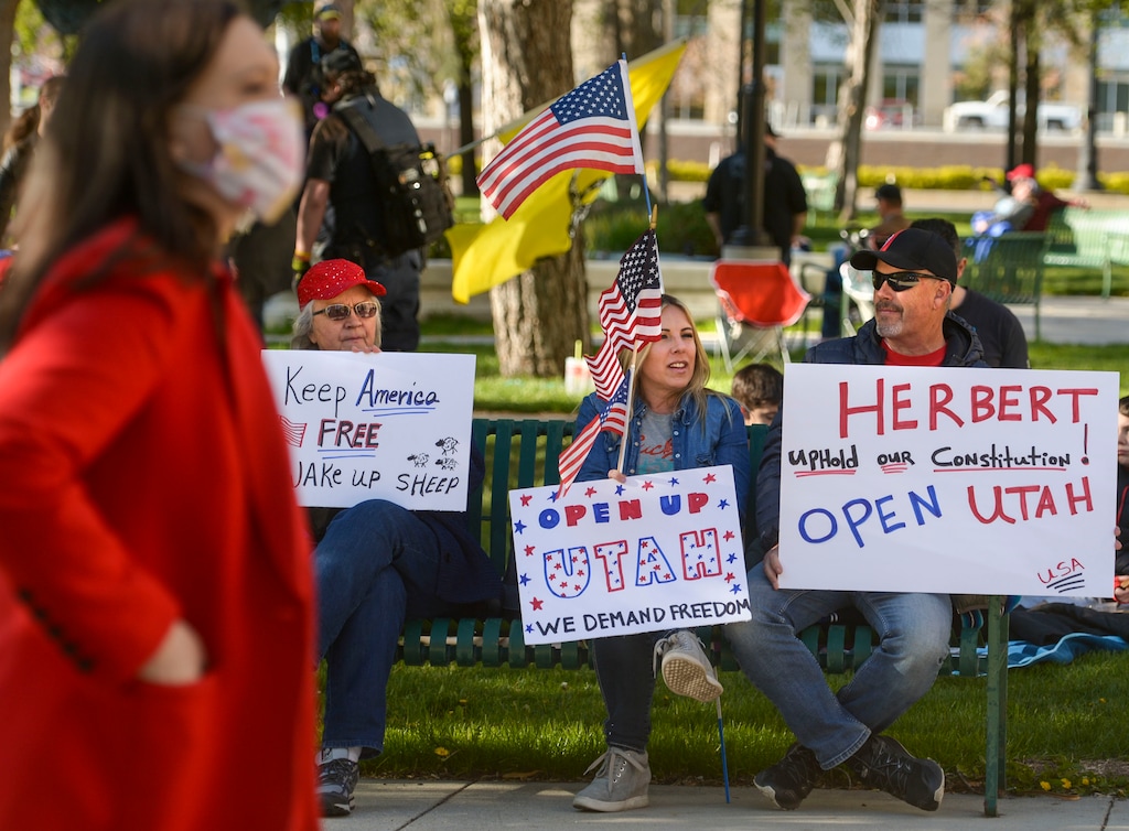 (Leah Hogsten  |  The Salt Lake Tribune)  About 1,000 people protested the government mandated shutdown of businesses on the grounds of Salt Lake City Hall, Saturday. The protest was organized by Utah Business Revival aimed at Mayor Erin Mendenhall, Salt Lake County Mayor Jenny Wilsonand Governor Gary Herbert policies on COVID-19 and social distancing, April 18, 2020.