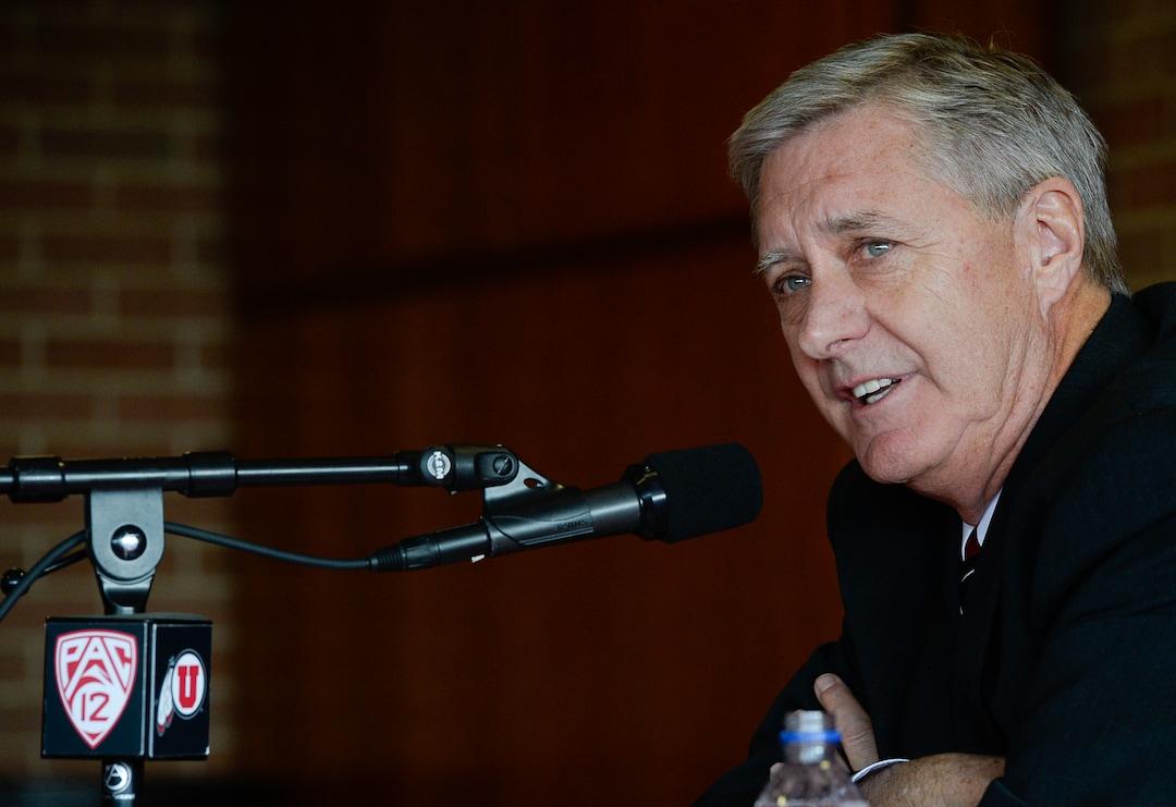 (Francisco Kjolseth  |  The Salt Lake Tribune)  University of Utah Athletics Director Chris Hill announces his plan to retire this spring after 31years. Joined by his wife Kathy and their kids and grandkids at the Jon M. Huntsman Center on campus on Monday, March 26, 2018, Hill is the longest actively tenured athletics director at the same school in the NCAA FBS.