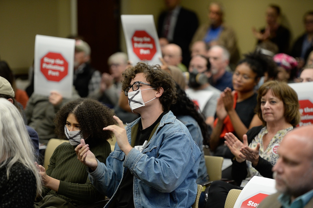 (Francisco Kjolseth  |  The Salt Lake Tribune)  Protesters gather to show their opposition as the Utah Inland Port Authority meets for the first time since its June meeting was disrupted by protestors at the Utah Capitol on Thursday, Oct. 17, 2019.