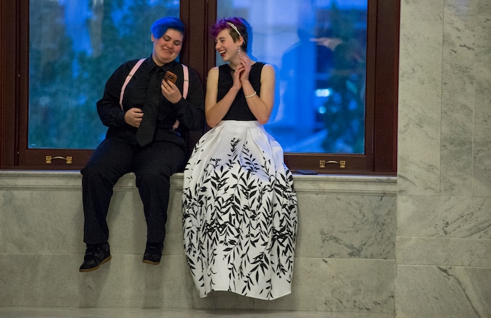(Leah Hogsten  |  The Salt Lake Tribune) l-r Charles Price and Christina Jachmann share a laugh. Three virtual charter schools, Utah Virtual Academy, Utah Connections Academy and Mountain Heights Academy, co-hosted prom for their students, Friday, April 27, 2018. 