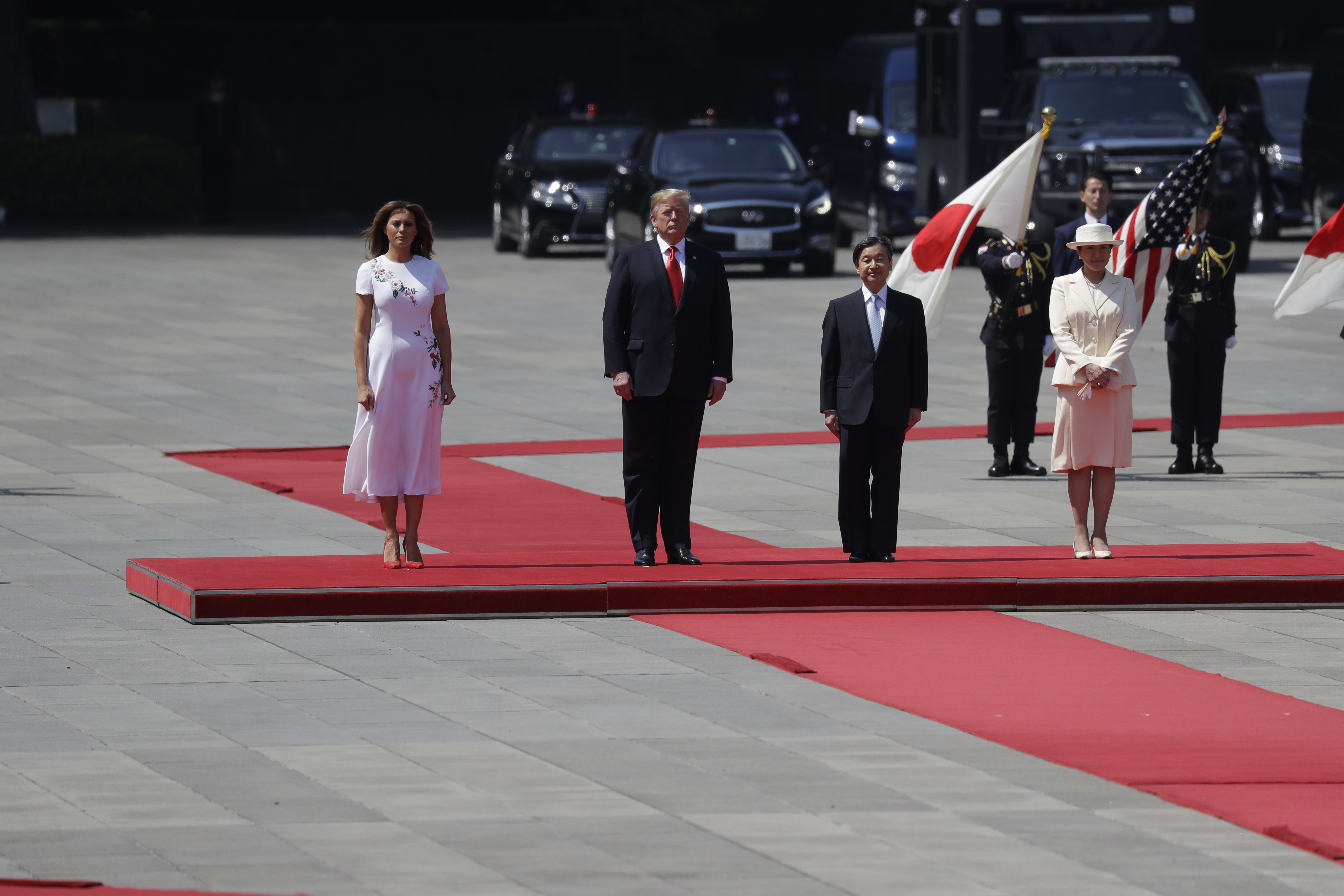 (AP Photo/Evan Vucci) President Donald Trump and first lady Melania Trump participate with Japanese Emperor Naruhito and Empress Masako during an Imperial Palace welcome ceremony at the Imperial Palace, Monday, May 27, 2019, in Tokyo.