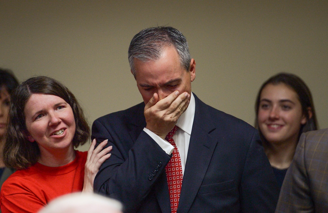 (Leah Hogsten  |  The Salt Lake Tribune) Senate District 11 candidate, Rep. Dan McCay, R-Riverton, shed a few tears after finding out that he won the party nomination outright at the Utah Republican Convention Saturday, April 21, 2018 at the Maverik Center.