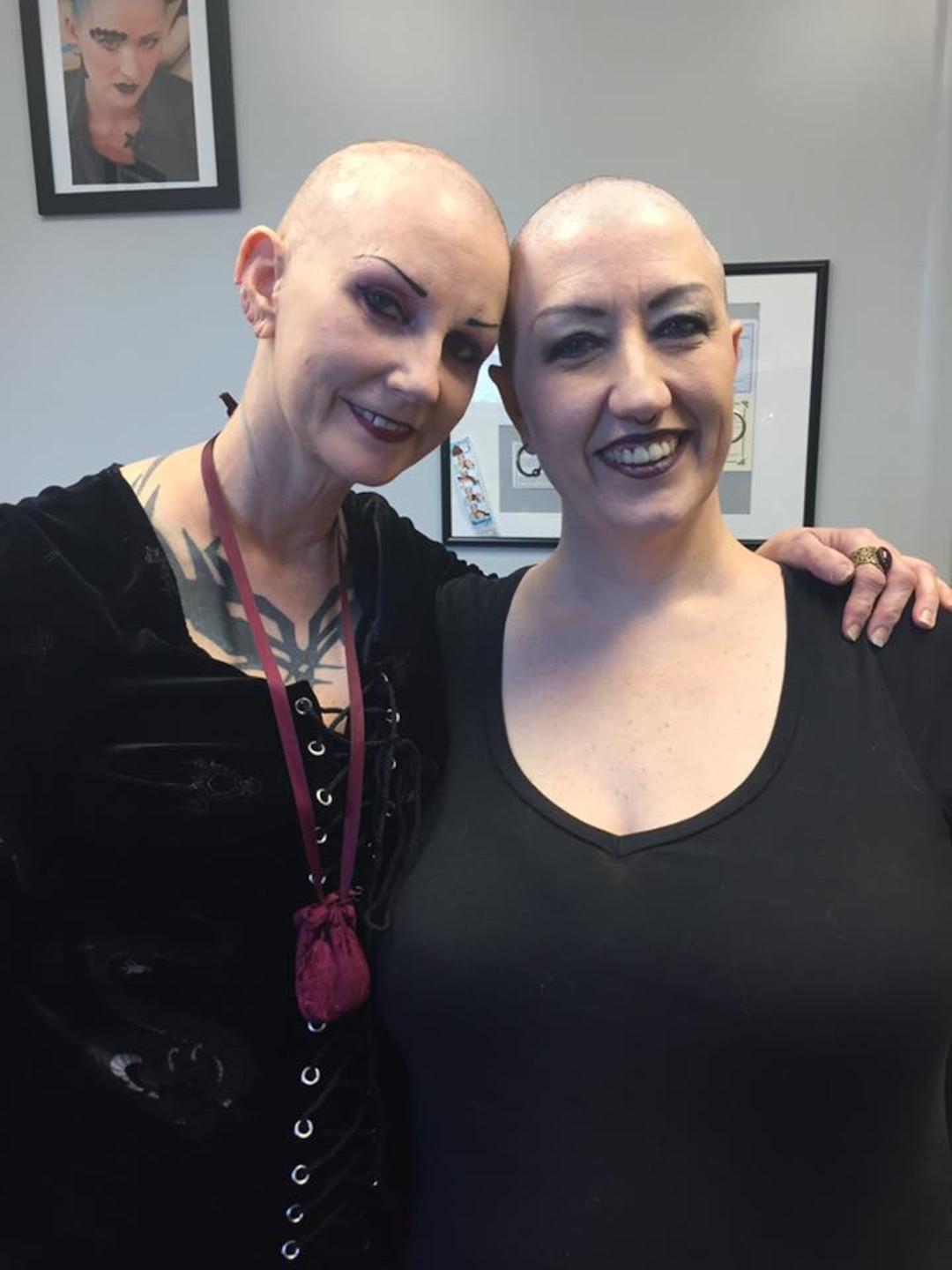 (Courtesy photo) Cinamon Hadley and Tracy Painter, heads shaved in solidarity for Hadley's chemo treatments.