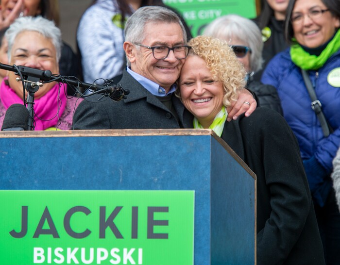 (Rick Egan  |  The Salt Lake Tribune)     Former Salt Lake City Mayor, Ted Wilson hugs Salt Lake City Mayor Jackie Biskupski as she launches her re-election campaign as she seeks a second term. Saturday, Feb. 9, 2019.


